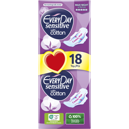 EVERYDAY - VALUE PACK SENSITIVE WITH COTTON Σερβιέτες Maxi Night Ultra Plus - 18τεμ.